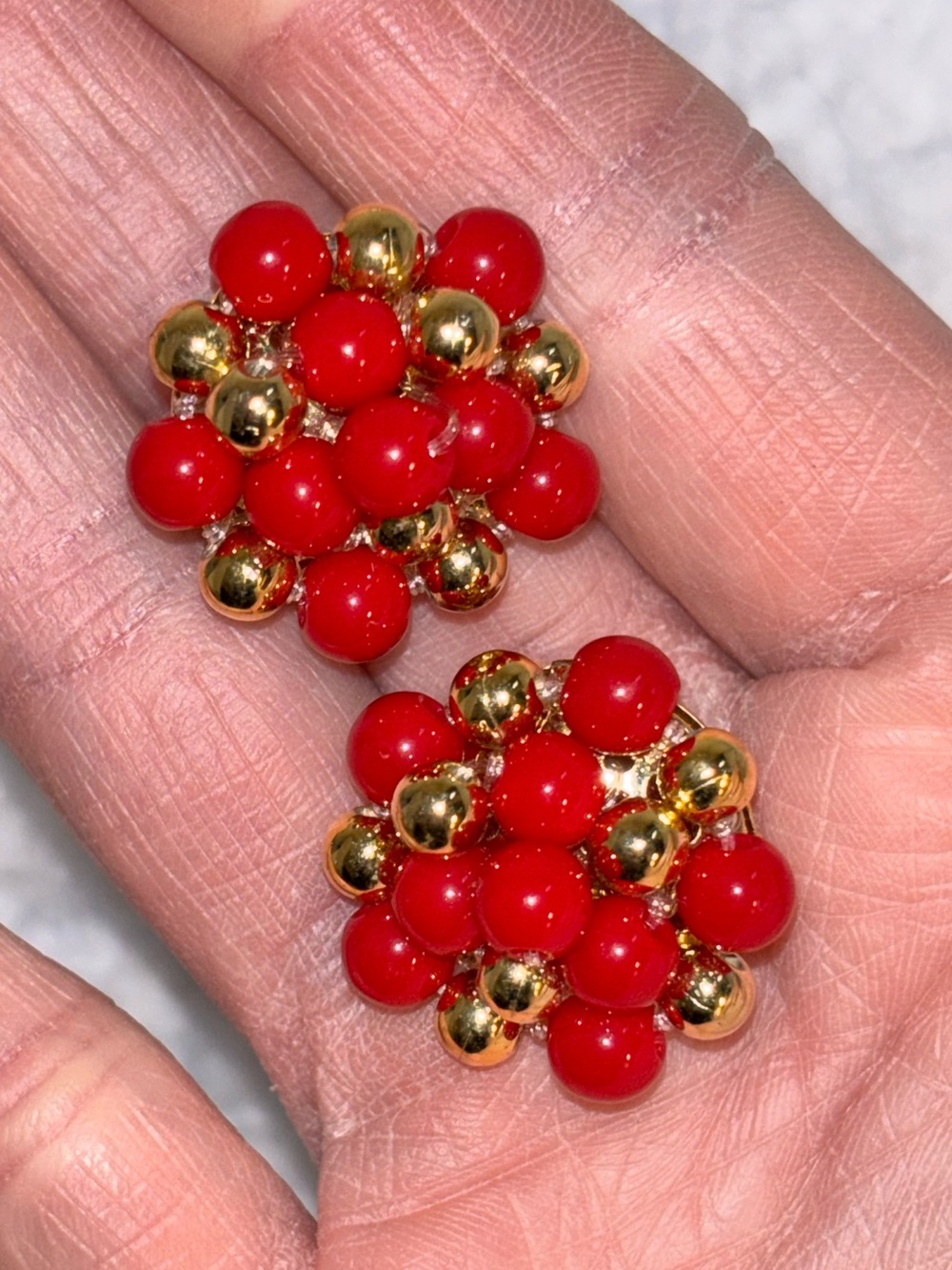 Vintage Red Lucite Bead Cluster Clip On Earrings Gold Tone Statement Retro
